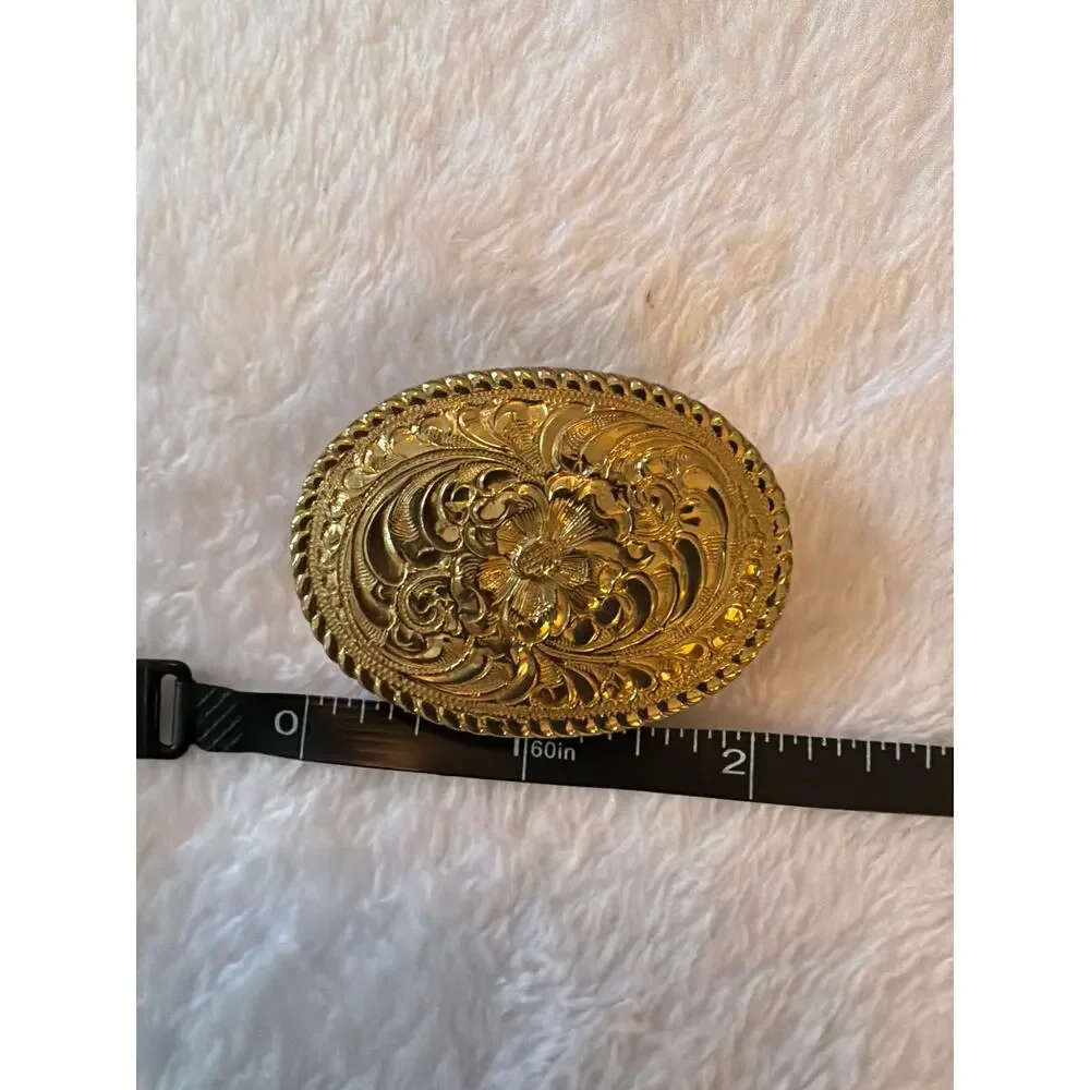 Vintage Crumrine Inc. Gold Tone Floral Engraved Western Oval Belt Buckle USA